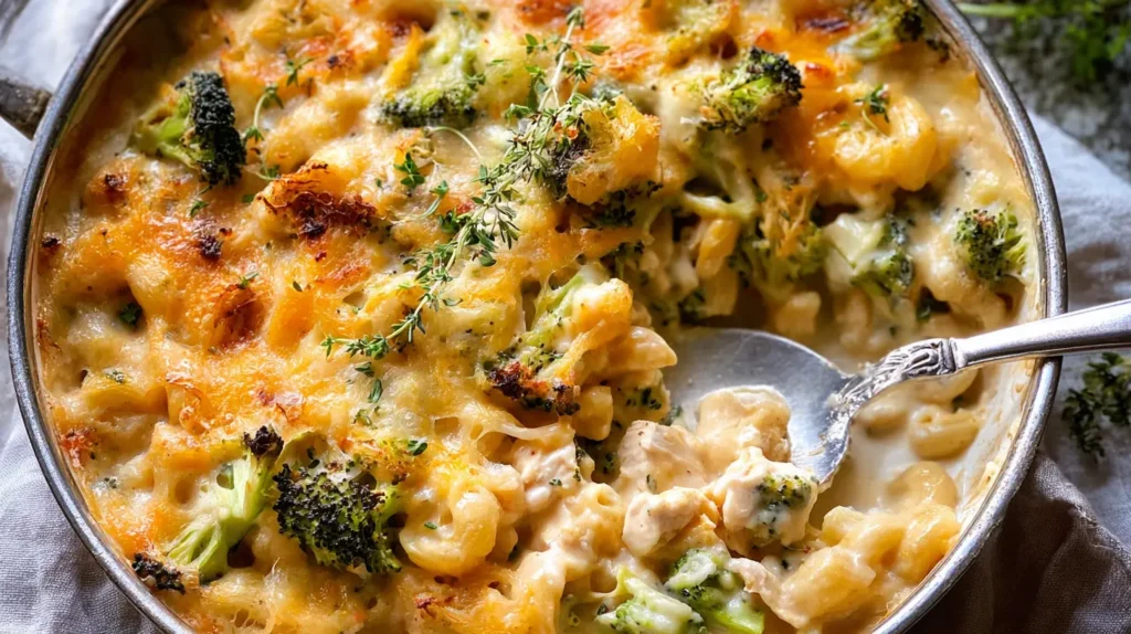 Close-up of a cheesy chicken broccoli casserole with a golden brown crust.