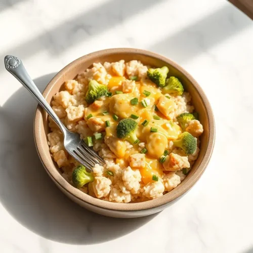Delicious Kid-Friendly Cheesy Chicken Broccoli Rice served warm