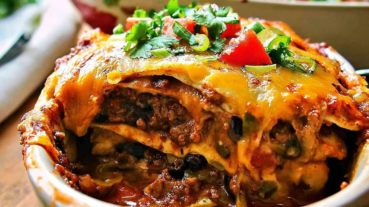 Close-up of a rich, layered enchilada casserole with tortillas, sauce, and cheese.