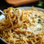 Creamy garlic parmesan spaghetti dish garnished with herbs and cheese