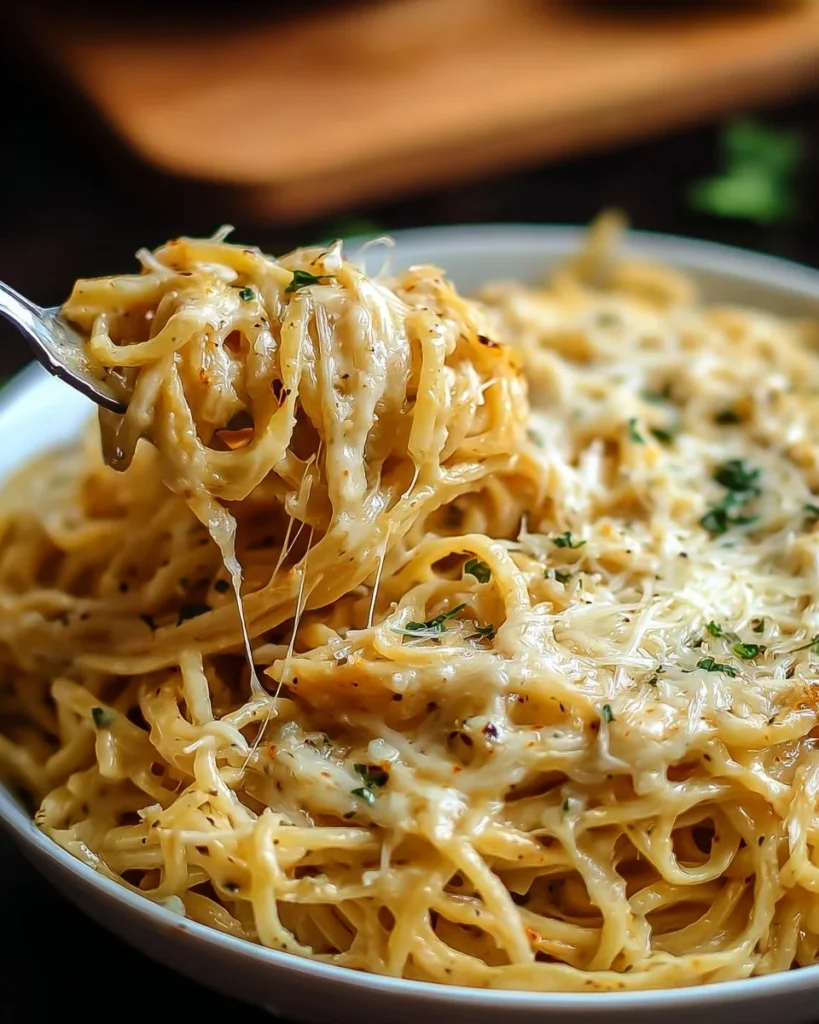 Creamy garlic parmesan spaghetti dish garnished with herbs and cheese