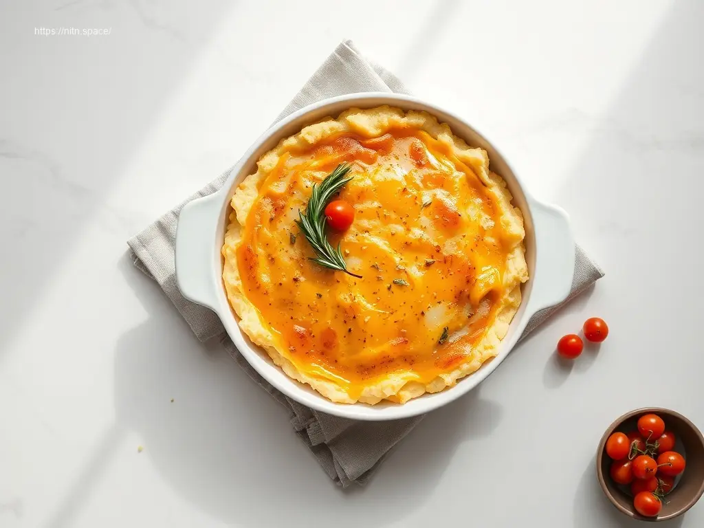 Cheesy Mashed Potato Bake, golden brown and garnished