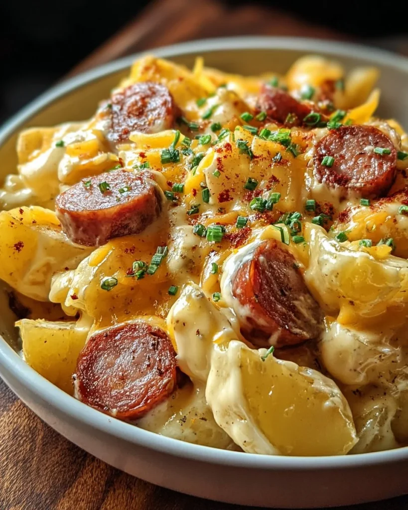 Cheesy ranch potatoes served with smoked sausage on a plate