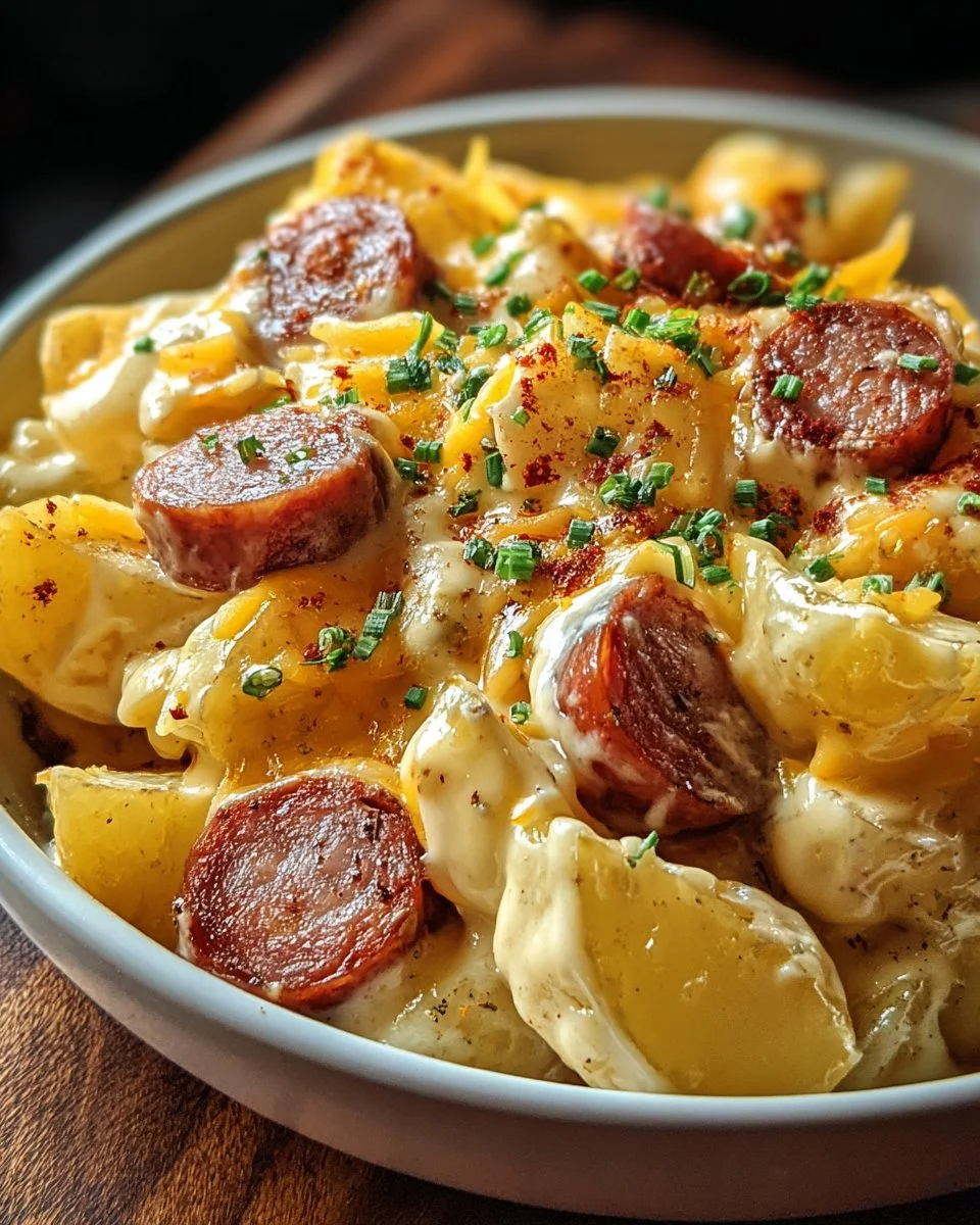 Cheesy ranch potatoes served with smoked sausage on a plate