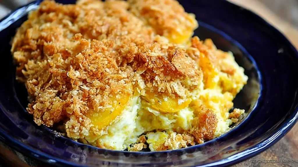 Creamy squash casserole bubbling hot, fresh from the oven, served in a ceramic bowl.