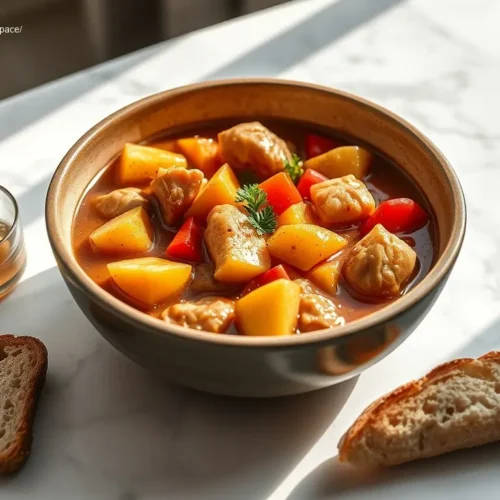 Delicious Chicken Apple Cider Fall Stew in a ceramic bowl