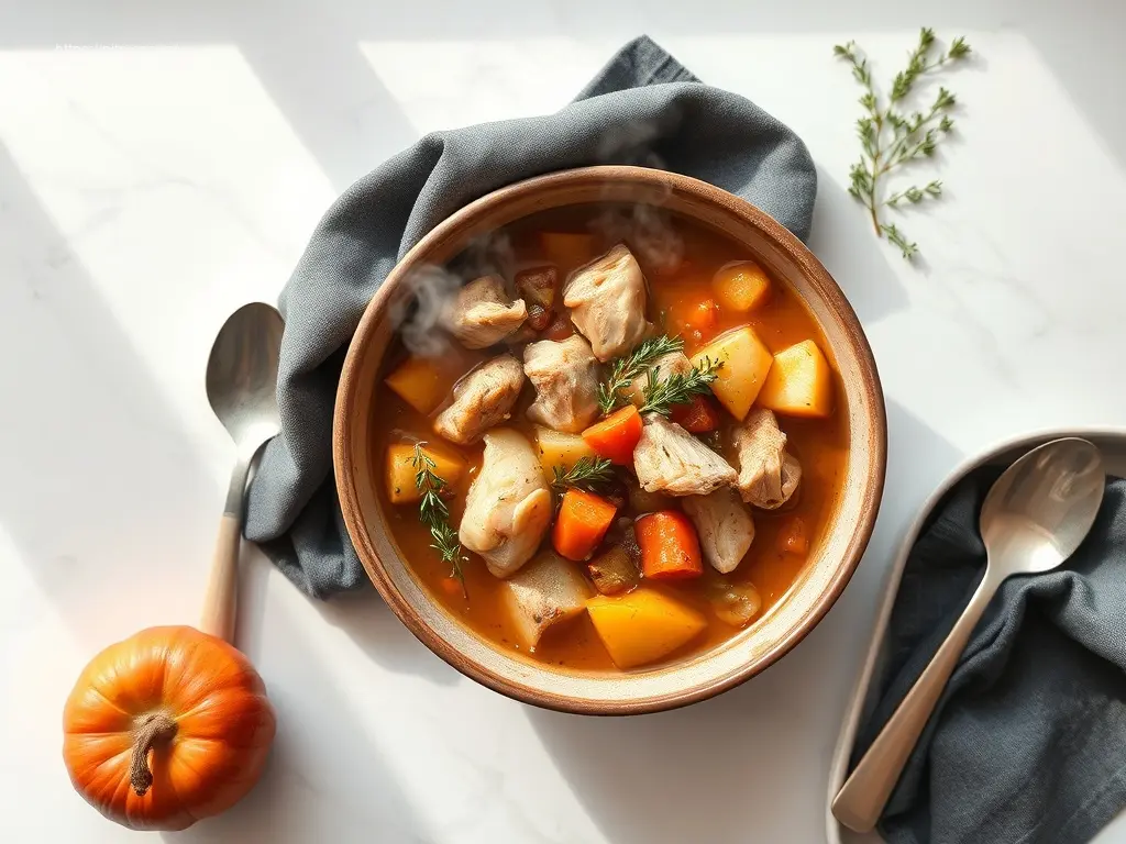 Delicious Chicken Apple Cider Fall Stew in a ceramic bowl