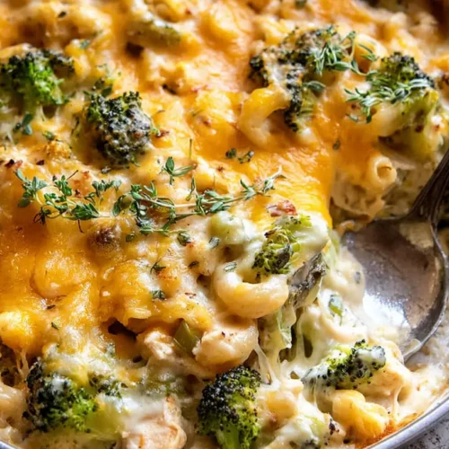 A warm, bubbly chicken broccoli casserole in a white baking dish.