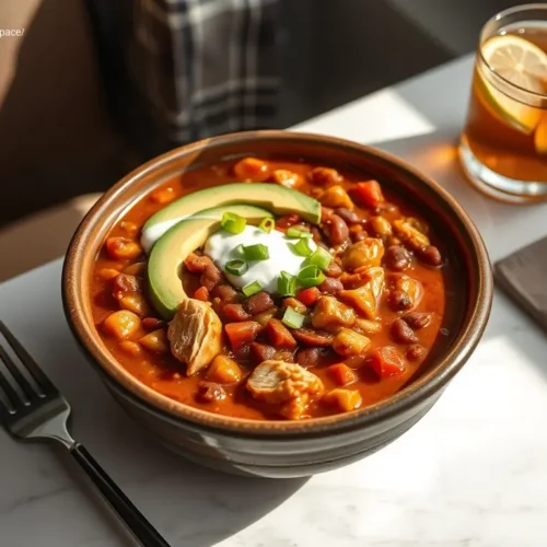 Delicious Big Batch Chicken Chili with cornbread and fresh cilantro