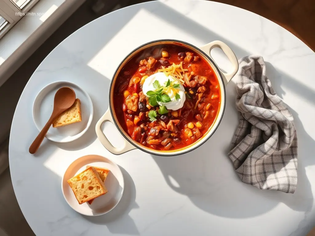 Delicious Big Batch Chicken Chili with cornbread and fresh cilantro