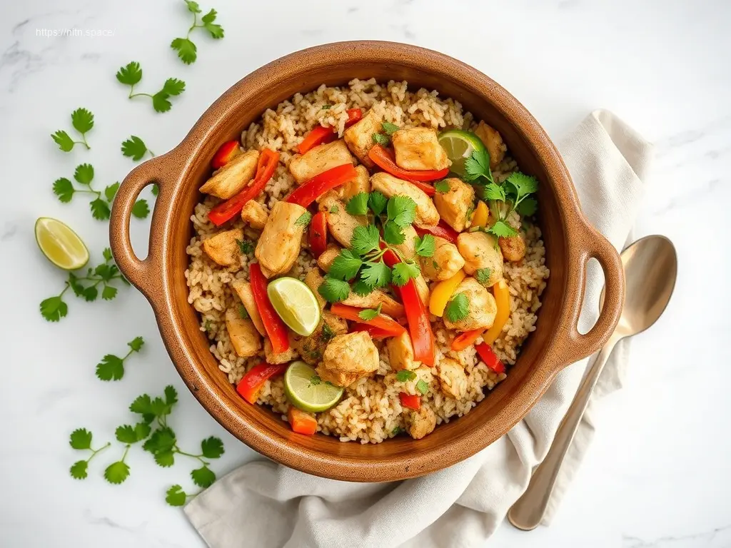 One-Pot Chicken Fajita Rice Crockpot with lime and cilantro