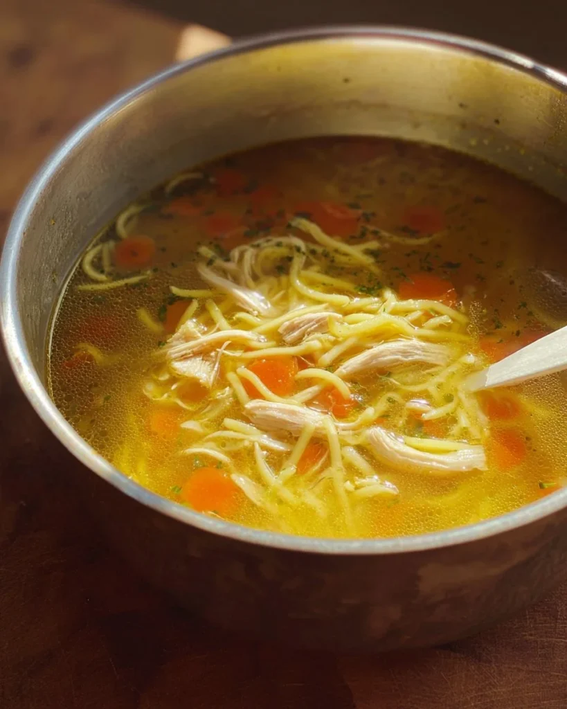 Bowl of Chicken Noodle Feel Better Soup with noodles, chicken, and vegetables