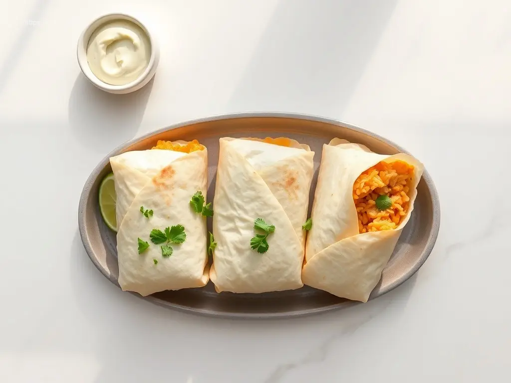 Large Batch Chicken Rice Burritos on a platter