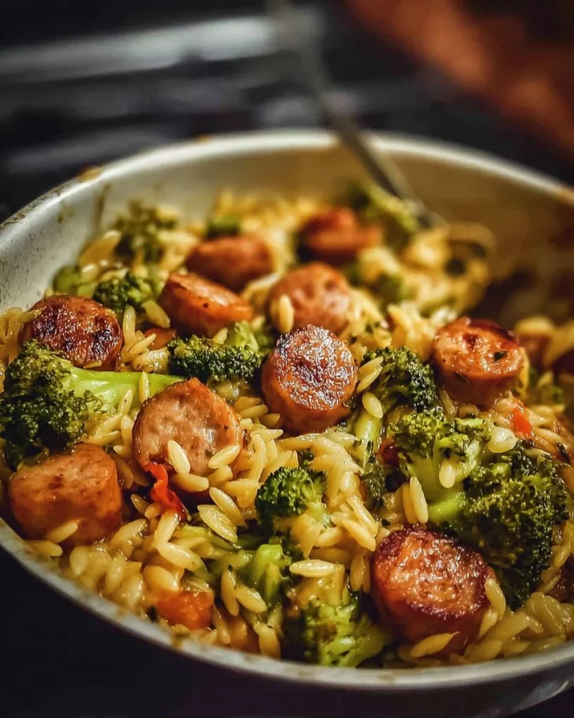 Plate of Chicken Sausage and Broccoli Orzo garnished with herbs
