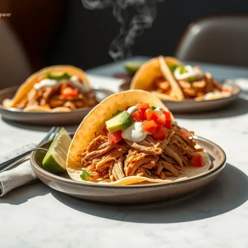 Overhead view of slow cooker chicken tacos for a crowd
