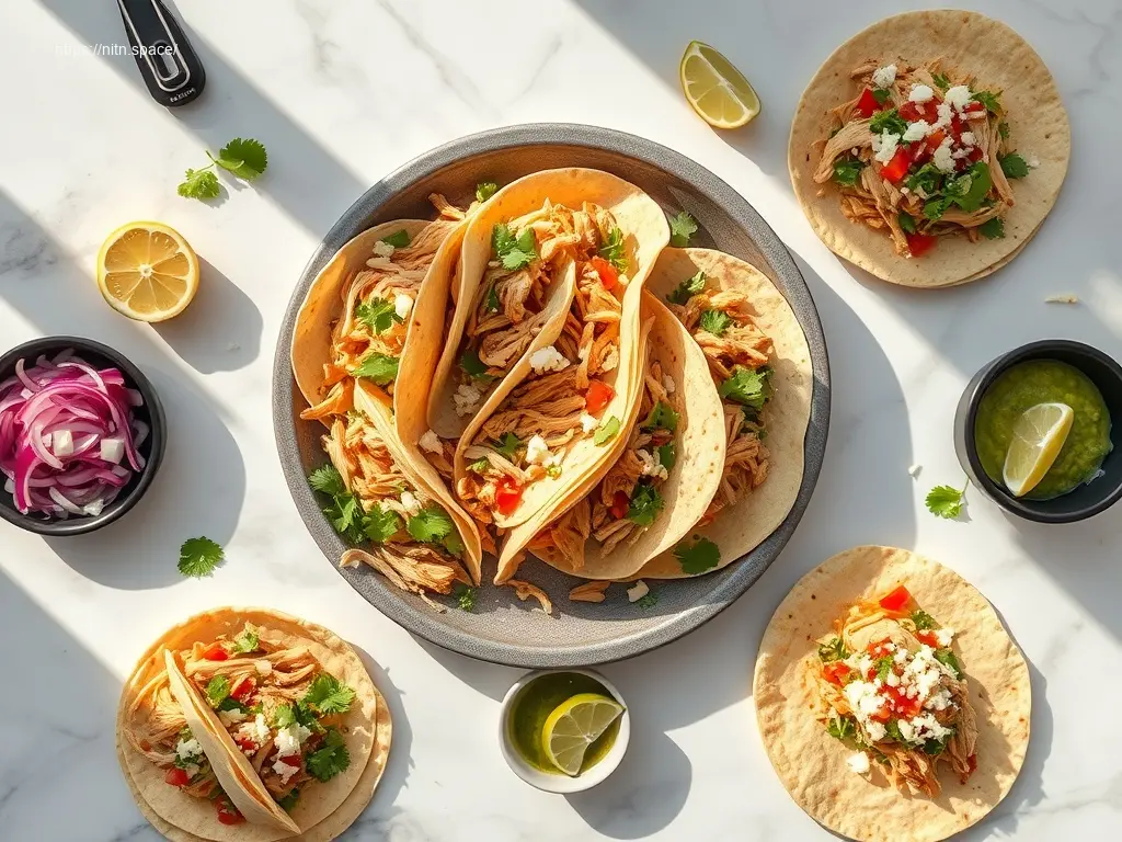 Overhead view of slow cooker chicken tacos for a crowd