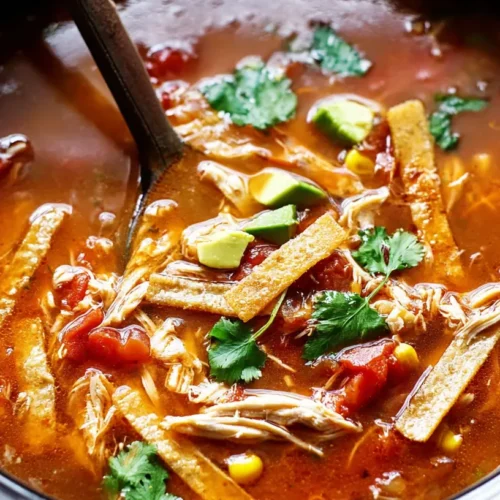 A steaming bowl of Chicken Tortilla Soup cooked in a Crock Pot, ready to eat.