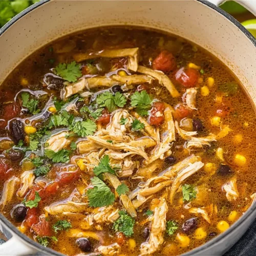 A steaming bowl of chicken tortilla soup garnished with cilantro and crispy tortilla strips.
