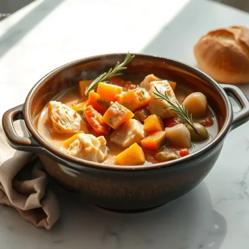 Hearty Slow Cooker Chicken & Veggie Stew on a white marble table