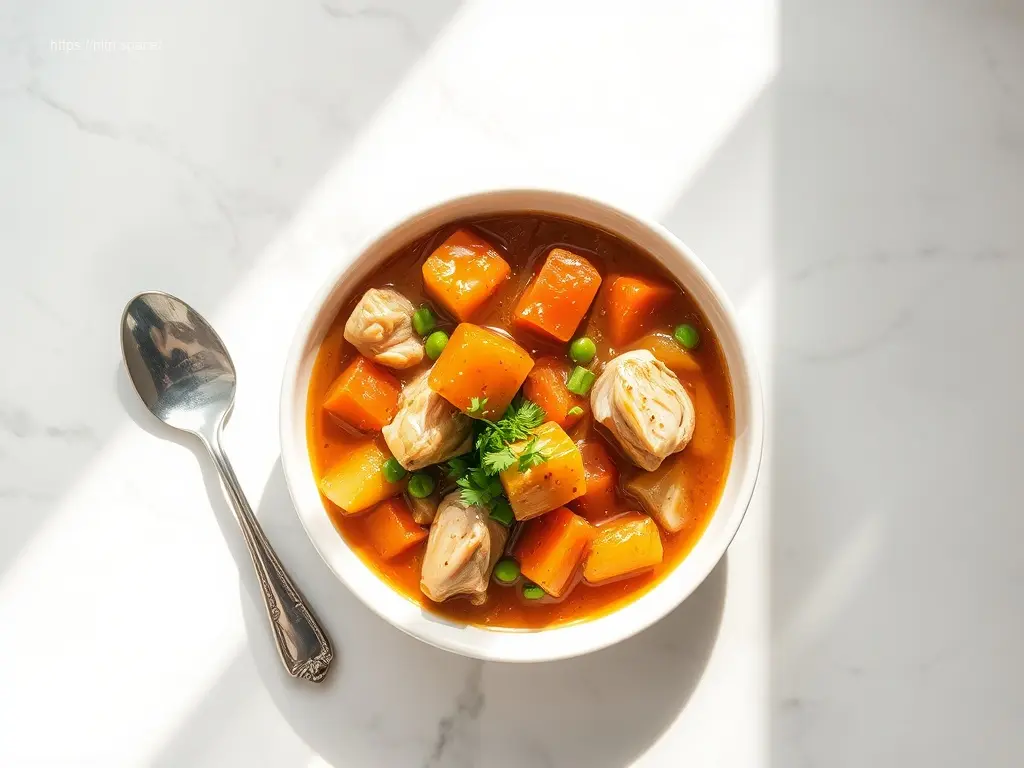 Hearty Slow Cooker Chicken & Veggie Stew on a white marble table