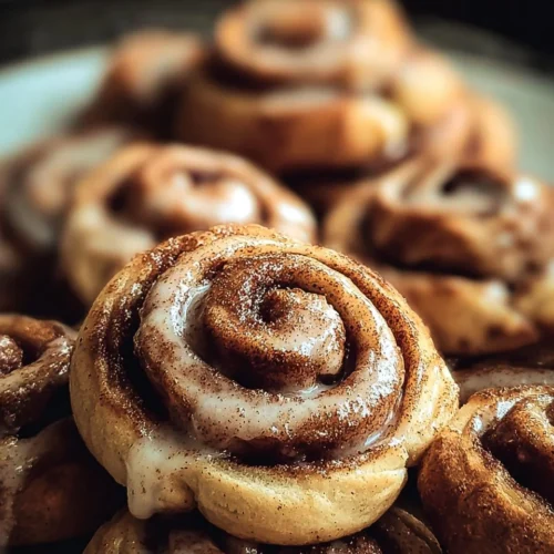 Delicious homemade cinnamon roll cookies stacked with icing on top.