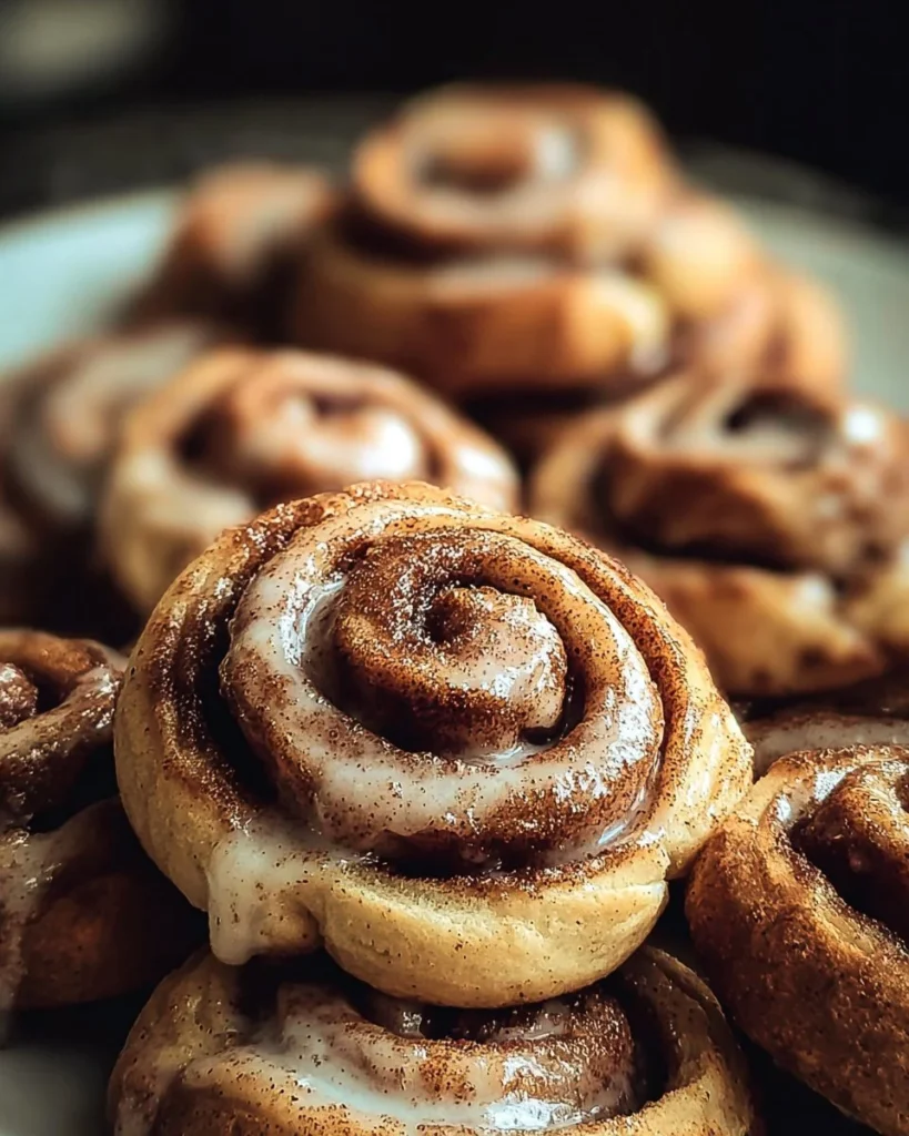 Delicious homemade cinnamon roll cookies stacked with icing on top.