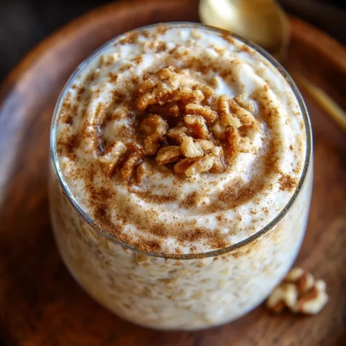 Bowl of cinnamon roll overnight oats topped with cinnamon and pecans.