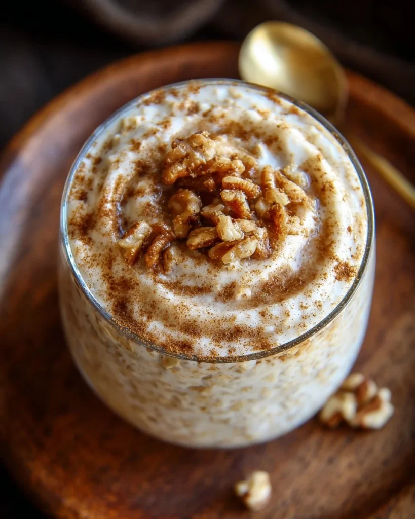 Bowl of cinnamon roll overnight oats topped with cinnamon and pecans.
