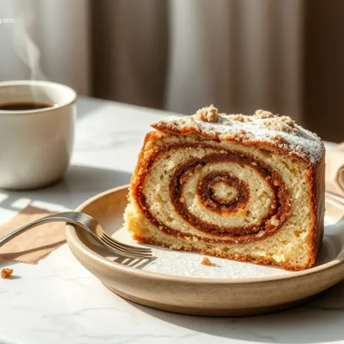 Delicious cinnamon swirl coffee cake on a white marble table