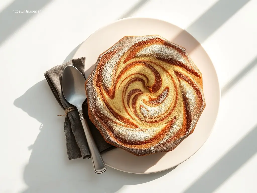 Delicious cinnamon swirl coffee cake on a white marble table
