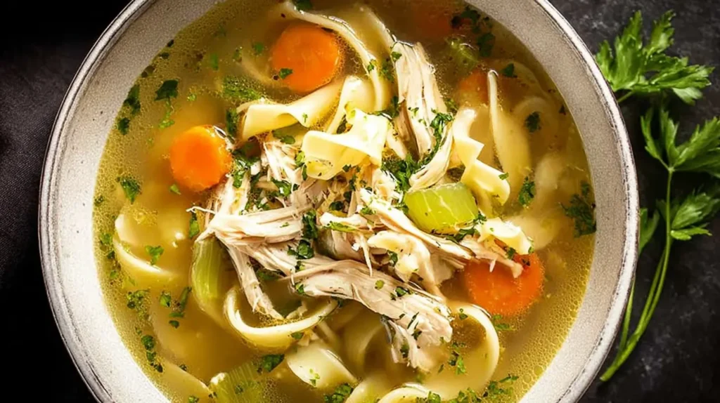 Classic chicken noodle soup served in a white ceramic bowl on a wooden table.