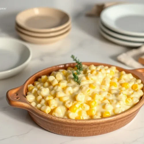 Delicious Classic Homestyle Creamed Corn in a ceramic bowl