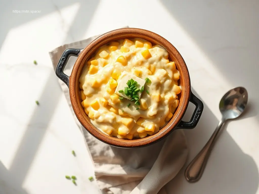 Delicious Classic Homestyle Creamed Corn in a ceramic bowl