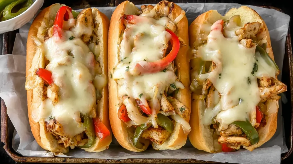 Close-up of a loaded Chicken Philly Cheesesteak on a toasted hoagie roll.