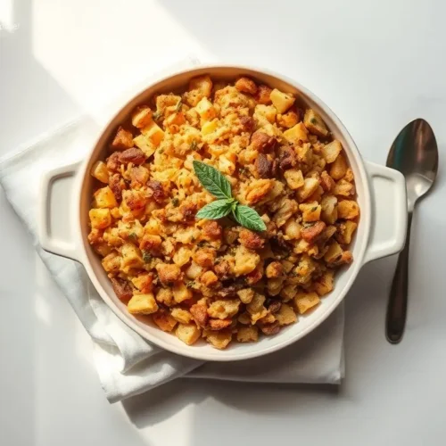 Classic Grandma’s Thanksgiving Stuffing in a ceramic dish
