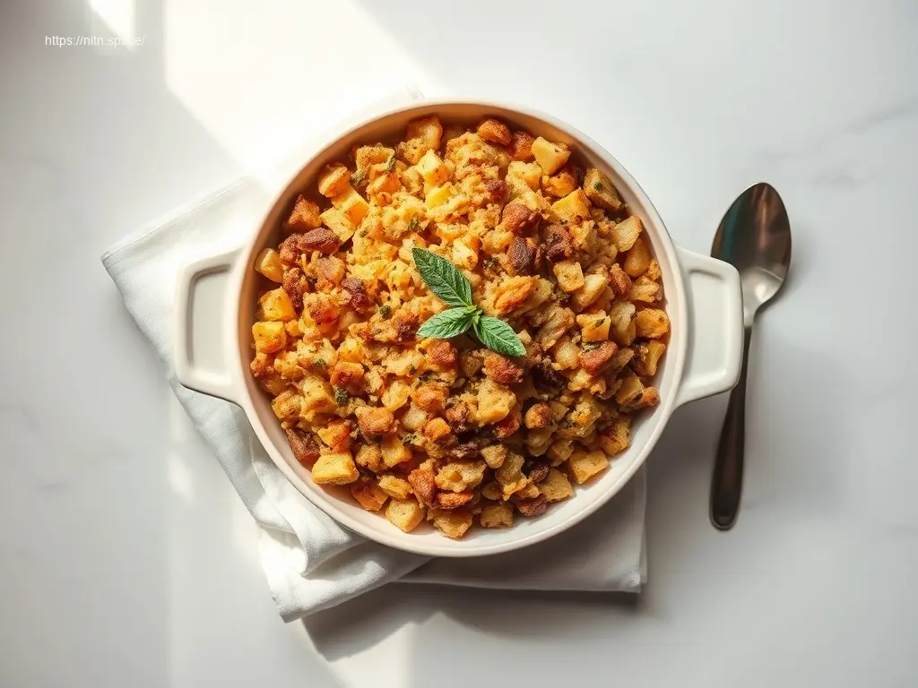 Classic Grandma’s Thanksgiving Stuffing in a ceramic dish