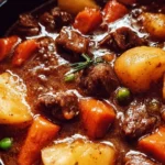 Bowl of comforting crockpot beef stew with vegetables and herbs