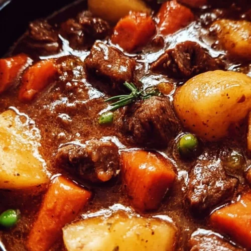 Bowl of comforting crockpot beef stew with vegetables and herbs