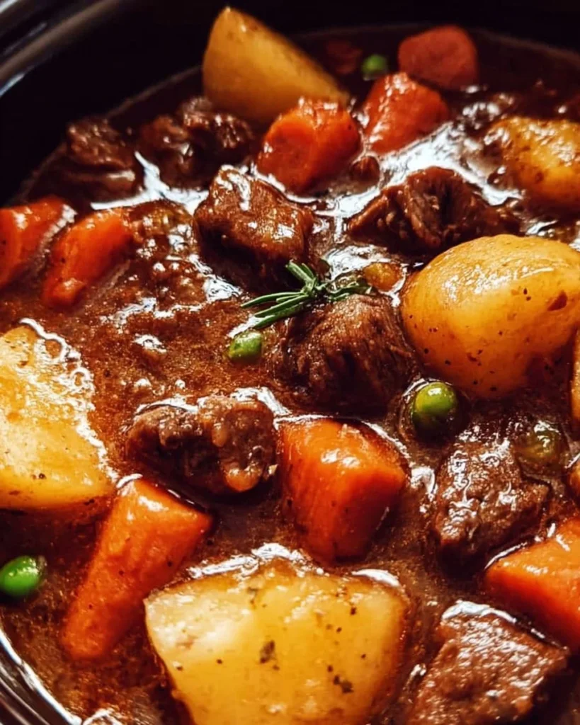 Bowl of comforting crockpot beef stew with vegetables and herbs