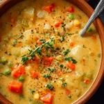 Bowl of delicious creamy vegetable soup topped with fresh herbs