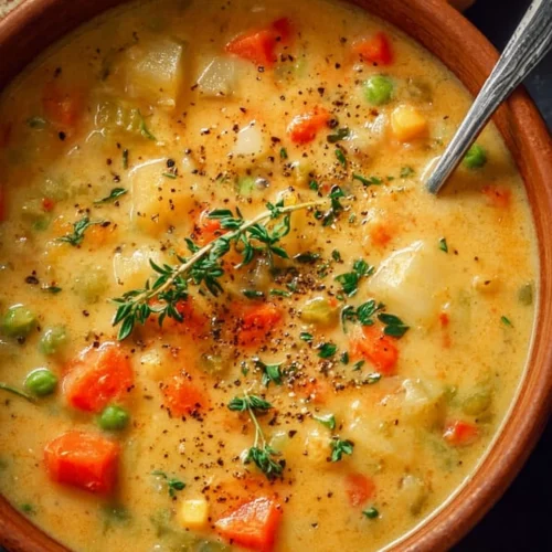 Bowl of delicious creamy vegetable soup topped with fresh herbs