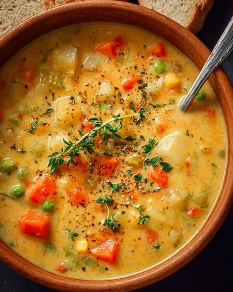 Bowl of delicious creamy vegetable soup topped with fresh herbs