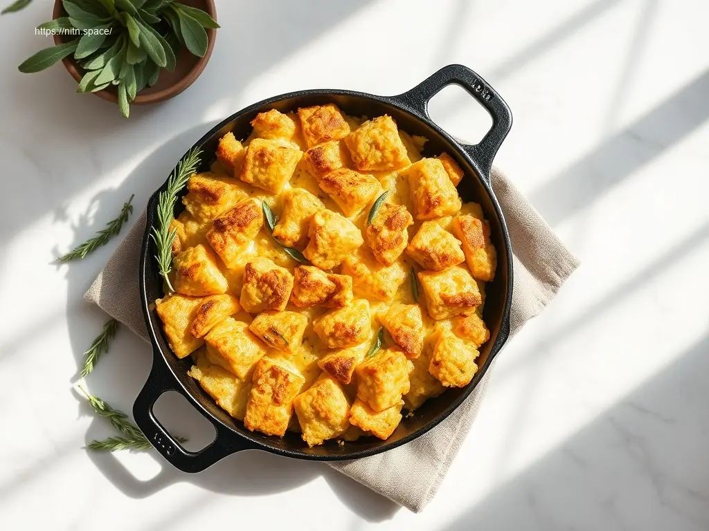 Delicious Cornbread Stuffing with Sage & Thyme in a rustic skillet