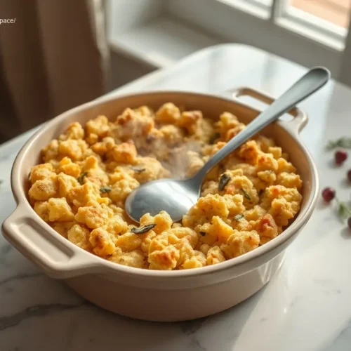 Delicious Cornbread Stuffing with Sage & Thyme in a rustic skillet