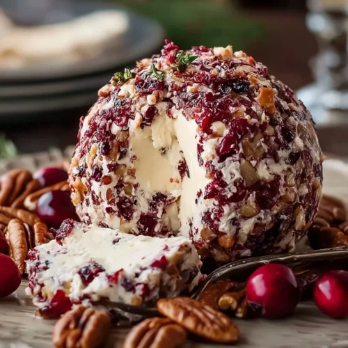 Cranberry Pecan Cheese Ball on a platter with crackers