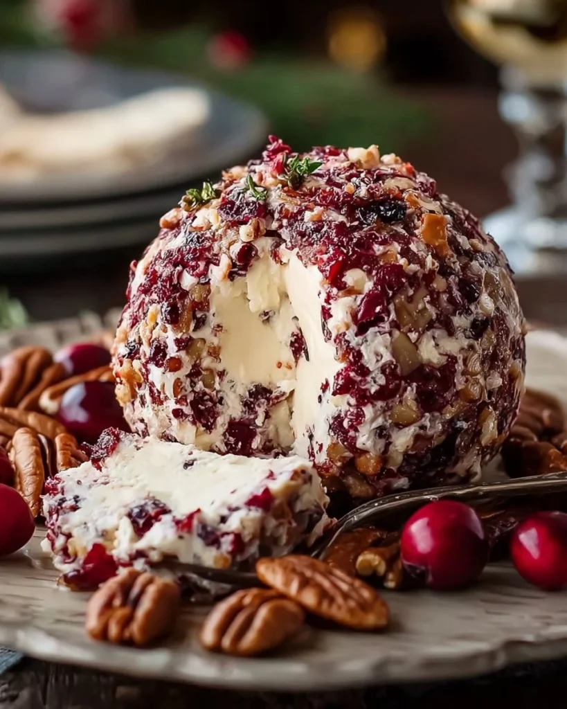 Cranberry Pecan Cheese Ball on a platter with crackers