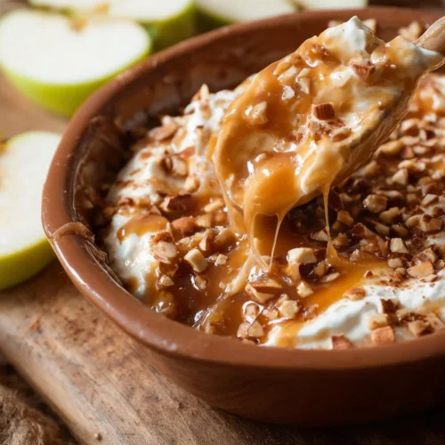 Cream cheese caramel apple dip served with apple slices for dipping