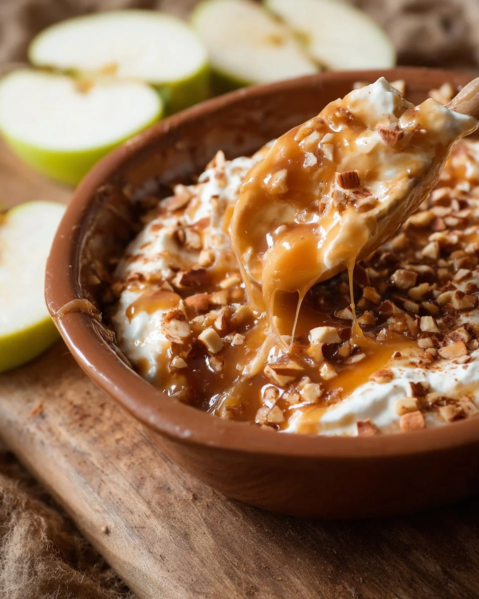 Cream cheese caramel apple dip served with apple slices for dipping