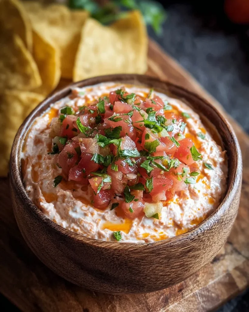 Cream Cheese Salsa Dip served in a bowl with tortilla chips