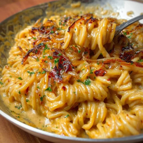 Creamy caramelized onion pasta dish with herbs and spices